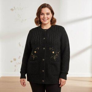 Brand New Black Cardigan with Floral Embroidery (XL)